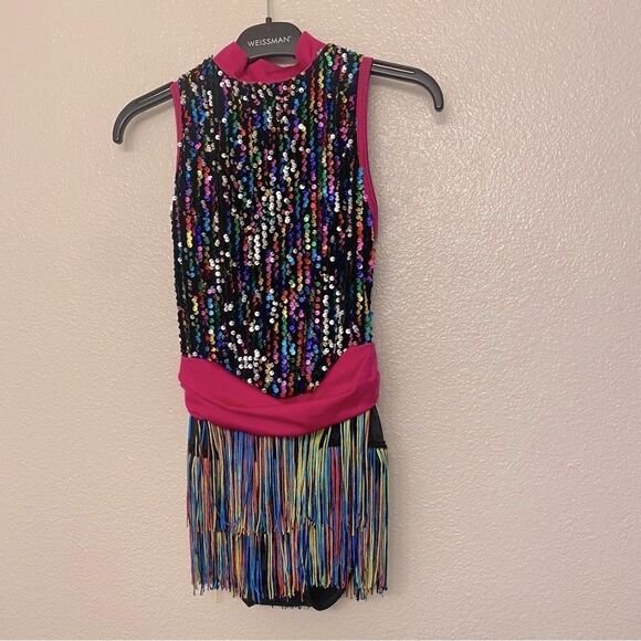 WEISSMAN solo Dance Costume colorful black rainbow fringe Dimples 13573 LC child - Picture 2 of 9